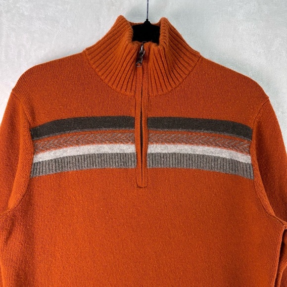 BANANA REPUBLIC Orange Italian Merino Wool Stripe Mock Neck 1/2 Zip Sweater Sz M - Picture 5 of 12